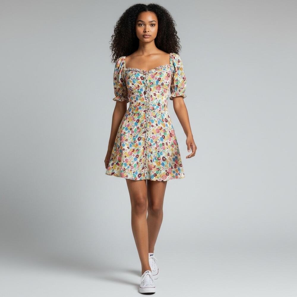 The Andamane Daisy Mini Floral Dress XS Sweetheart Puff Sleeve Ruffle Made Italy